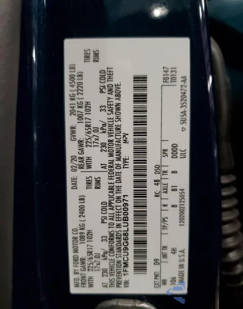 2020 Ford Escape Se z USA, uszkodzony, nr VIN 1FMCU9G68LUB00971